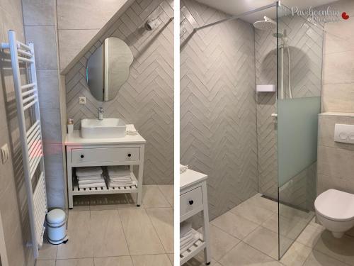 two pictures of a bathroom with a sink and a shower at 't Paviljoenhûs bij Sneekermeer in Offingawier