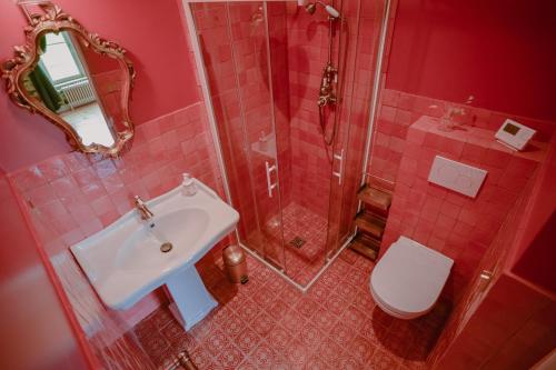 a bathroom with a sink and a shower and a toilet at Domaine du Chateau Vert in Hondainville