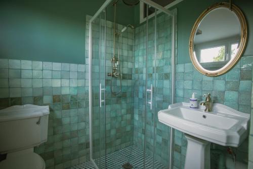 a bathroom with a sink and a shower with a mirror at Domaine du Chateau Vert in Hondainville
