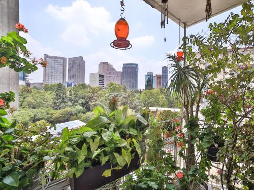 a balcony with plants and a view of a city at Casa Itzae B&B Polanquito Dog Friendly in Mexico City