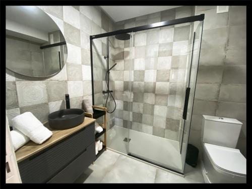 a bathroom with a shower with a sink and a toilet at Plaza Mayor Salamanca in Salamanca
