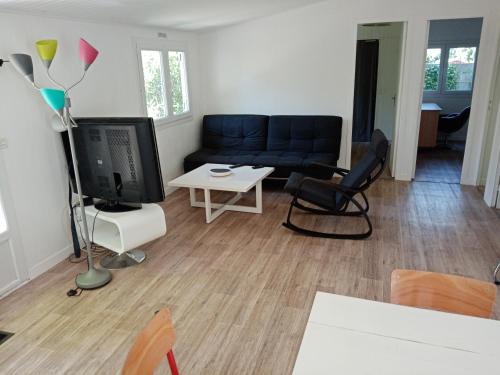 salon z niebieską kanapą i telewizorem w obiekcie Chalet Agréable, à proximité du centre historique, Golf Academy w mieście Villeneuve-lès-Avignon