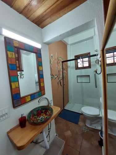 uma casa de banho com um lavatório, um WC e um espelho. em Pousada Anecuém em Monte Verde