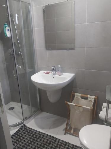 een badkamer met een wastafel, een douche en een toilet bij 300 years old apartment with a lot of character in Qormi
