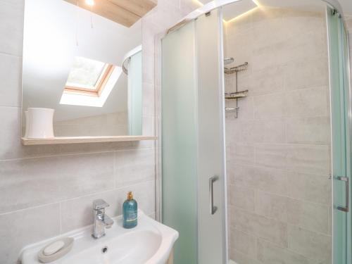 a bathroom with a sink and a shower at Fair Mead Cottage in Saltash