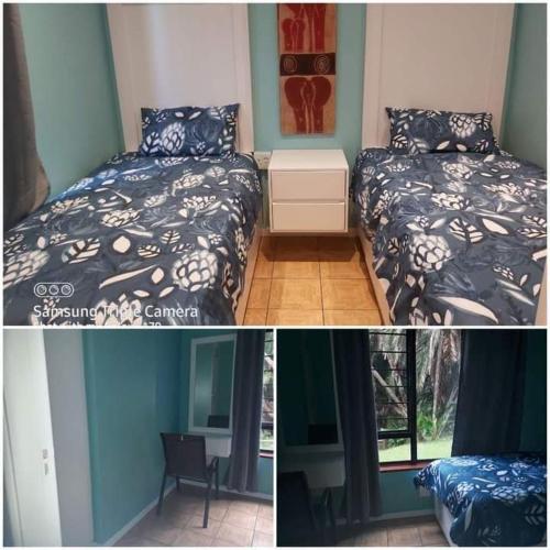 two pictures of a bedroom with two beds and a window at Mia Haven 1 in Scottburgh