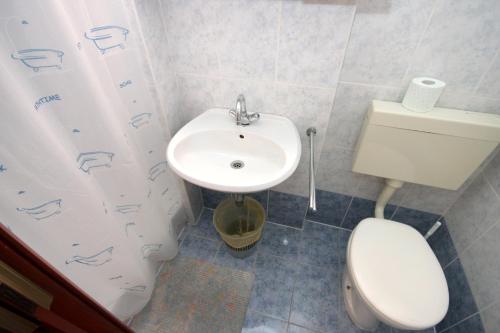 La salle de bains est pourvue d'un lavabo, de toilettes et d'un rideau de douche. dans l'établissement Rooms with a parking space Lovran, Opatija - 2302, à Lovran