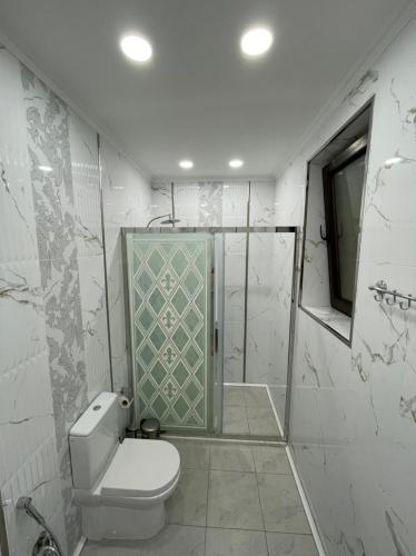 a bathroom with a toilet and a glass shower at Villa Qusar in Qusar