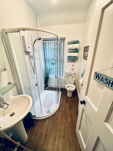 a bathroom with a shower and a toilet at Ridge Cottage Portrush in Portrush