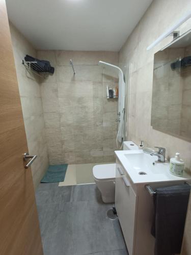 La salle de bains est pourvue d'une douche, d'un lavabo et de toilettes. dans l'établissement Your home in Gran Canaria, à San Bartolomé