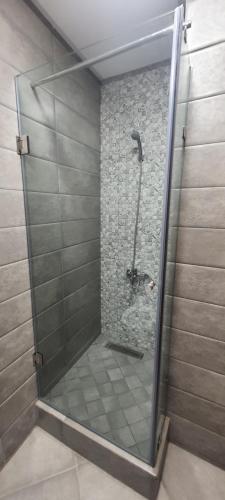 a shower with a glass door in a bathroom at La perla blanca in M'diq