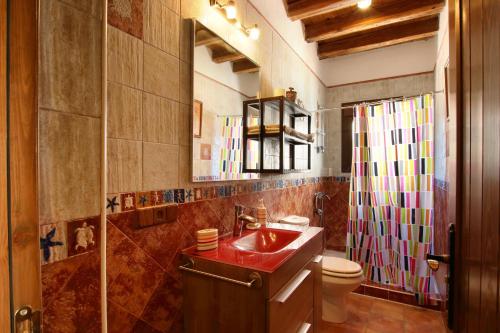 a bathroom with a red sink and a toilet at casa la parra in Jubrique