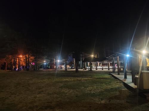 a park lit up at night with street lights at Leśna Osada Szegdy in Szegdy