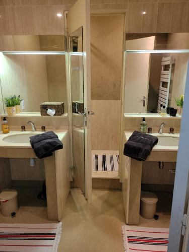 une salle de bain avec deux lavabos et une douche dans l'établissement Maison familiale de charme, à Chalabre