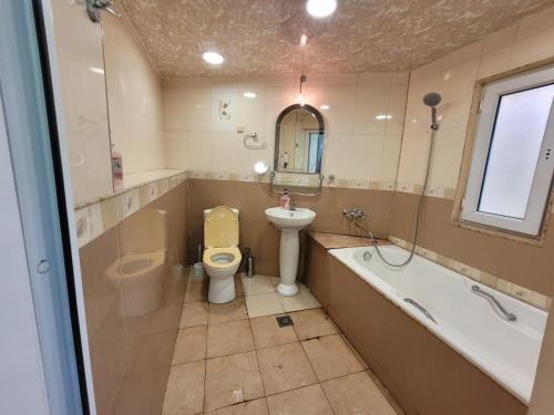 a bathroom with a sink and a toilet and a bath tub at Holiday House in Yerevan with Garden and Lovely Views in Yerevan