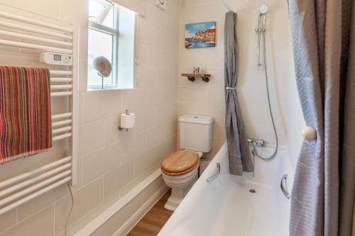 a bathroom with a toilet and a shower at St. Andrew's Prospect - Norfolk Cottage Agency in Norwich
