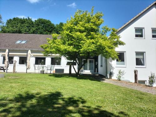 una casa blanca con un árbol en el patio en Gästehaus Falkenhof, en Westensee