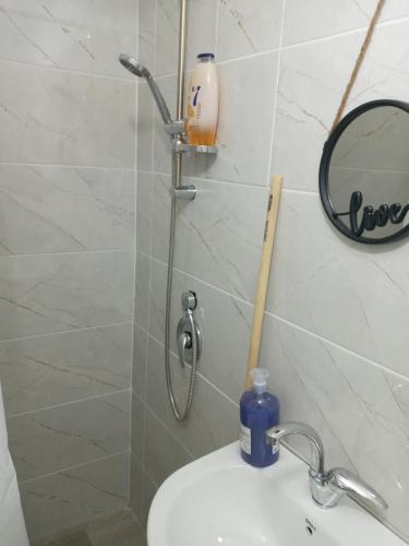 a shower in a bathroom with a sink and a mirror at רימון יחידות אירוח Vacation units RIMON in Ashqelon