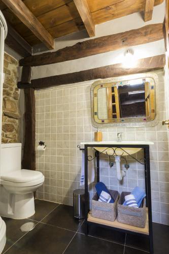 a bathroom with a toilet and a mirror at Casa Altas Crestas in Puente Pumar