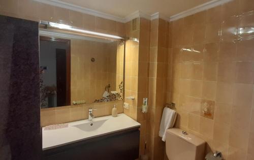 a bathroom with a sink and a toilet and a mirror at EL BALCÖN DE AVILÉS, acogedor con garaje en centro histórico, in Avilés