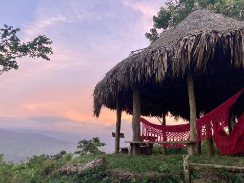uma cabana com rede numa colina em La Cima Tayrona em Santa Marta