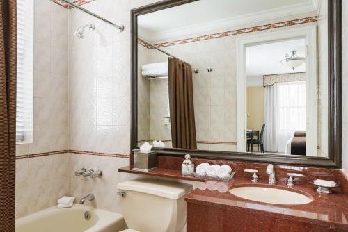 a bathroom with a toilet and a sink and a mirror at Hotel Lucerne in New York