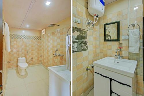 丹瑙提的住宿－GREEN VALLEY RESORT PVT LTD，浴室设有水槽和卫生间,两幅图片