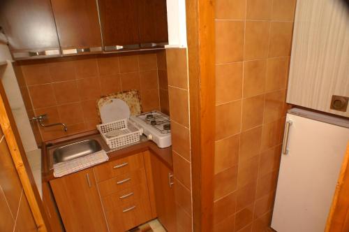 a small kitchen with a sink and a refrigerator at Apartments by the sea Zivogosce - Mala Duba, Makarska - 2603 in Igrane