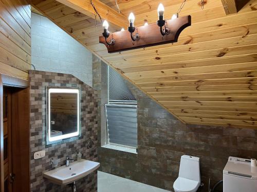ポカイユにあるRodynne Gnizdoの木製の天井、洗面台、鏡付きのバスルーム