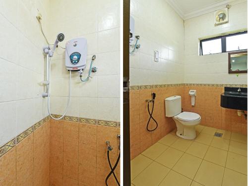 瓜拉丁加奴的住宿－Super OYO Capital O 90434 Marmoris House，浴室设有卫生间和淋浴,两幅图片