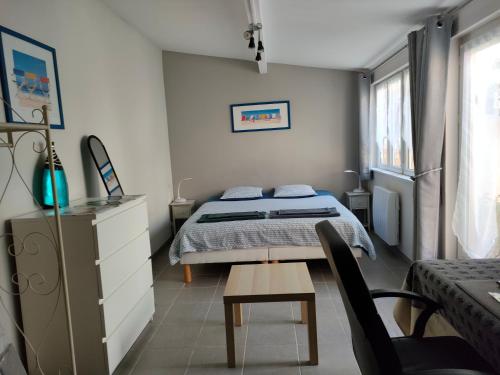 1 dormitorio con 1 cama, 1 mesa y 1 silla en L'Escale VICHY, en Vichy