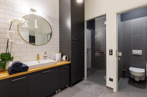 a bathroom with a sink and a toilet and a mirror at Óváros Residence in Veszprém