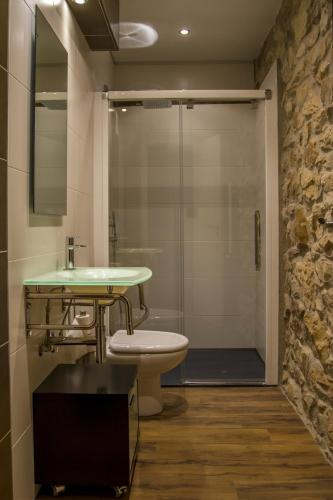 a bathroom with a shower with a sink and a toilet at Apartamentos Baolafuente in Rasines