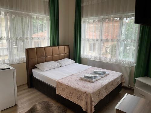 Limon Pansiyon في أديرني: سرير في غرفة نوم مع ستائر خضراء ونوافذ
