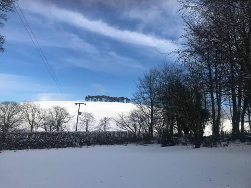 a snow covered field with trees and a hill in the background at Stunning Luxury Duplex with Hot Tub and AirCon in Glenfarg