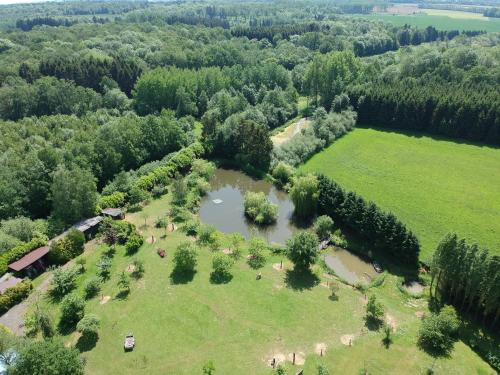 an aerial view of a farm with animals in a field at le bateau sur lac privé de 2 hectares poissonneux au milieu des bois in Florennes