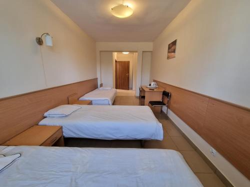 a hotel room with two beds and a desk at Biłgoraj Aparthotel in Biłgoraj