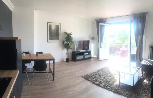 Il comprend un salon avec une table et une télévision. dans l'établissement NICE FLAT CLOSE TO VIEUX LILLE, à Lille