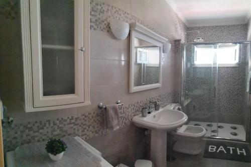a bathroom with a sink and a toilet and a shower at Apartments Vesna & Ivica in Mirce