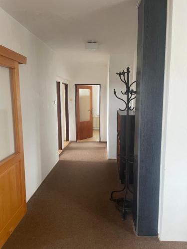an empty hallway with a door and a television at Apartmán na Vysočině in Havlíčkŭv Brod
