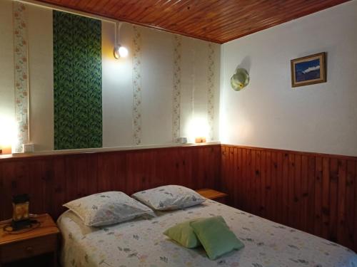 um quarto com uma cama com duas almofadas em Petite Fleur de Lentilles 2 em Cilaos