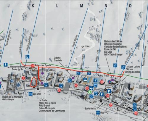 a map with red and blue lines on it at Appartement de 28 m2, centre station les 2 alpes in Les Deux Alpes