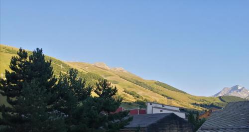 a mountain with trees and houses in front of it at Appartement de 28 m2, centre station les 2 alpes in Les Deux Alpes