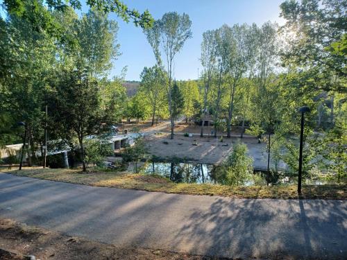 an overhead view of a park with a lake and trees at Sobre Aguas Camping in Bragança