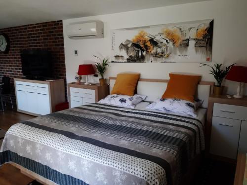 een slaapkamer met een bed met 2 kussens bij Apartments Isabella in Ptuj