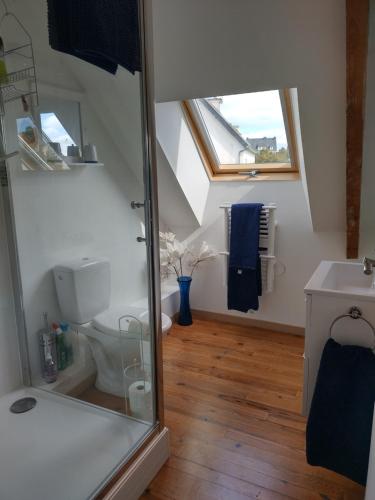 een badkamer met een toilet, een wastafel en een raam bij Verte Vallée in Callac