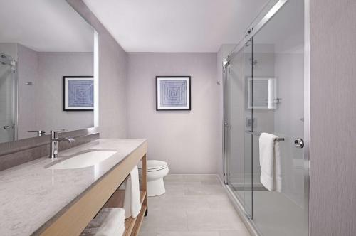La salle de bains est pourvue de toilettes, d'un lavabo et d'une douche. dans l'établissement Hyatt Place Asheville Airport, à Arden
