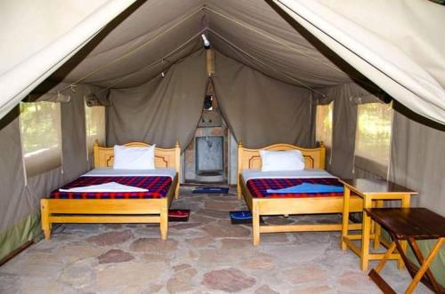 En eller flere senge i et værelse på leruk Maasai safari camp