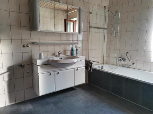 a bathroom with a sink and a shower and a tub at Ferienwohnung am Bodensee Heiligenberg in Heiligenberg