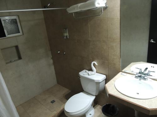 a white toilet sitting next to a sink in a bathroom at Hotel Metropolitano Tampico in Tampico